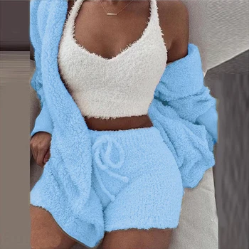 2 елемента/3шт Пижамный комплект дамски секси кожен костюм от кадифе плюшена хавлия комплект мек топъл пуловер без ръкави Loungewear пижами Mujer пижами