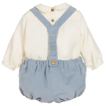 2 елемента детска испанска бутикови дрехи Baby Boys рожден ден на Кръщението комплект дрехи момче с дълъг ръкав бяла риза + син гащеризон