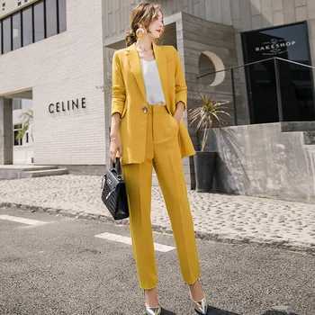 2019 нов женски костюм есенна мода жълт дълъг раздел западен тънък корпус тънки панталони два комплекта темпераментна женски дрехи