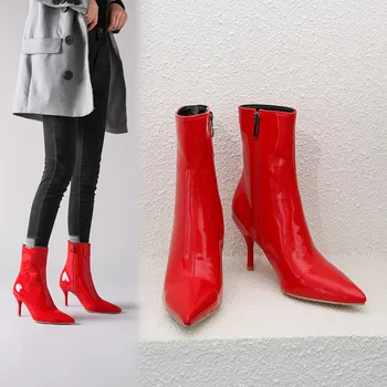 2020 модни ботуши нови дамски ботуши ботильоны изкуствена кожа с цип дамски обувки на високи токчета есенни ботуши Дамски обувки бял черен