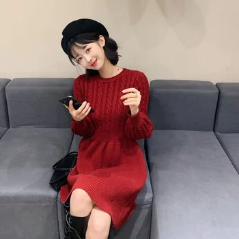 2020 нов Есен Зима елегантна рокля дамска мода с дълъг ръкав топъл пуловер дами корейски тънък причинно-следствена ретро рокля E9