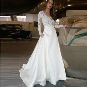2020 сватбена рокля с дълъг ръкав V образно деколте A Line апликация дантелен топ сатен пола сватбена рокля с джоб сшитое по поръчка рокля на булката