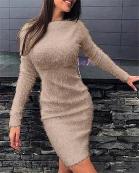 2021 нов режим на жените космати Dress есен жени с дълъг ръкав За-образно деколте плюшени Секси Bodycon Dress пуловер Sukienka елегантен клуб Vestidos