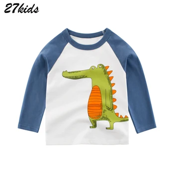 27kids 2-8Years Baby Boys тениски есен с дълъг ръкав карикатура динозавър шаблон спортни тениски за деца, Детски дрехи за момчета