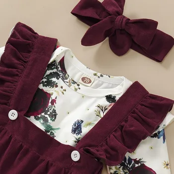 3шт набор от новородените момичета комплект дрехи гащеризон Гащеризон на цветя върховете+ лилаво стегнато колан на роклята лента за глава екипировки набор от 0-18 месеца