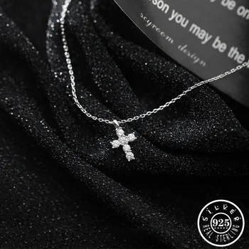 925 сребро малък кръст висулка с брилянтен кубическим камък Цирконий изявление линк верига Огърлица за жени, момичета