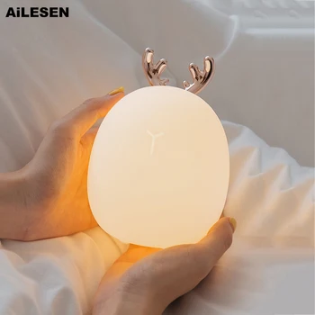 AiLESEN Сладко Deer Rabbit LED Night Light Силикон карикатура Dimmable USB лампа акумулаторна батерия за Децата Baby Gift Light
