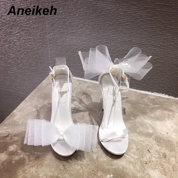 Aneikeh лятна мода бяла коприна пеперуда-възел открит чорап високи токчета, сандали жени обтегач на ремъка назад помпи Сватба парти обувки