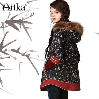 ARTKA Есенна дамско яке 2018 зимно яке с качулка, етническа топла горна дреха Женска кожа яке е дебела пелерина яке палто MA11343D