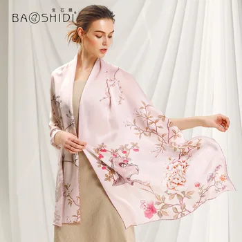 [BAOSHIDI]2018 Пролетната мода на жените копринен шал от копринен сатен дълъг шал, мюсюлмански Коприна хиджаб, цветен печатни дълъг шал cover up