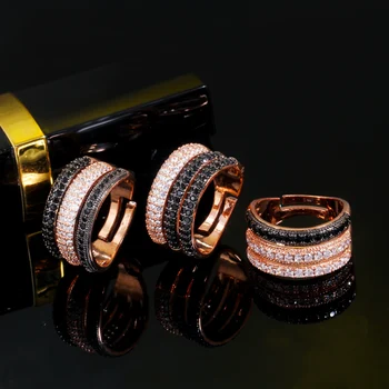 CWWZircons регулируем размер на 3 пласта черен бял КАМЪК камък 585 rose gold цвят на отворен пръстен дамски сватба сватбени декорации R165