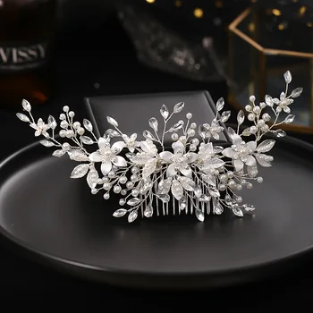 FORSEVEN луксозни ръчно изработени сребърен цвят, цвете на жената-гребен сплав имитация на перли гребен за коса сватбена прическа бижута JL