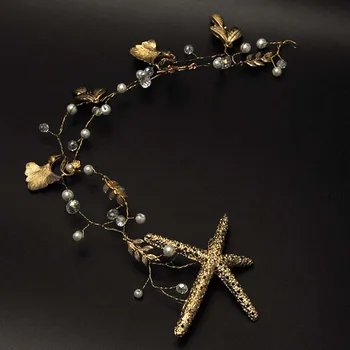 FORSEVEN старинни ръчно изработени Морска звезда Hairwear Hairband сватбени аксесоари за коса, бижута имитация на Перлата на булката златен цвят, линия диадема