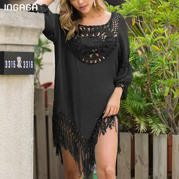 INGAGA Секси Tassel Beach Dress Swimsuit 2021 Tropical Hollow Out Swimsuit Solid Long Sleeve Beach Tunic Summer Black Cover-Ups