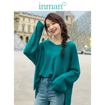 Inman О-образно деколте ретро шарени всекидневният стил на Хонг конг свободни спад на рамото ръкав дамски пуловер