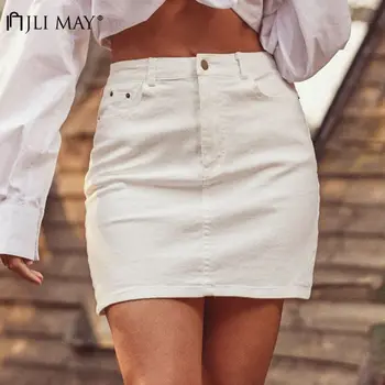 JLI май твърди дънкови поли с висока талия бутона джобове еластичен ежедневни секси жени къса молив Жан пола минималистичен градинска облекло