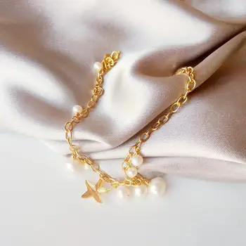 Lii Джи сладководни перли бели перли верижна гривна US 14К GF Star Чар 925 сребро 18K gold цвят на верижна гривна