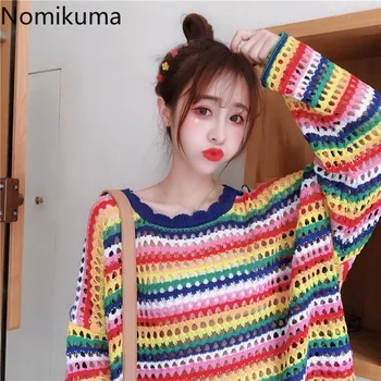 Nomikuma Дъга шарени пуловери O врата с дълъг ръкав выдалбливают ежедневни скок на корейската мода тънък пуловер жени 3b833