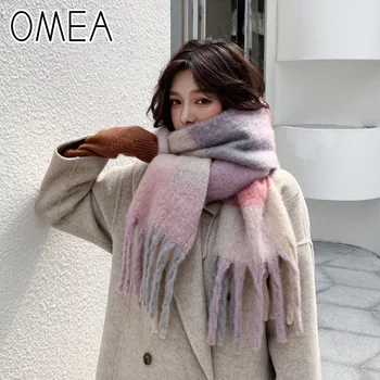 OMEA Women мозайка зимен шал с пискюл шарени вязаный вълнен шал Тенди зимните аксесоари за жени одеяло шал