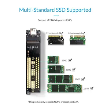 ORICO Nvme NGFF M. 2 SSD Case 10Gbps USB C на корпуса на твърдия диск с кабел Type-C поддържа UASP Trim поддръжка на функцията Smart Sleep