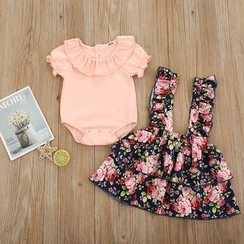 Pretty primcess блузи, тениски ruched print цветя на няколко нива каишка рокля дете деца детски дрехи на бебето дрехи, комплекти 2 елемента 0-24 МИЛИОНА