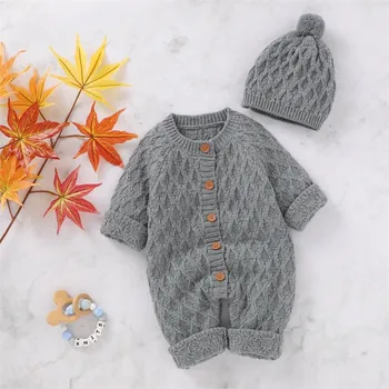 Pudcoco Baby Boy Girl вязаная дрехи есен-зима Детски плъзгачи с шапка младенческий твърди едно парче топъл гащеризон 0-24 м