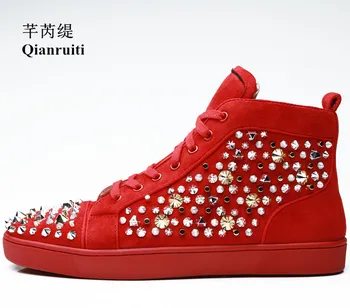 Qianruiti 2019 модни нитове мъжки Ежедневни обувки на високи мъжки маратонки глезена на дантела-плосък кръг чорап индивидуален цвят