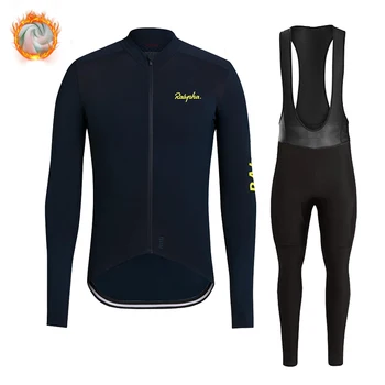 Ralvpha 2021 Зимни велосипедна облекло с дълги ръкави Thermal Fleece Set Man МТБ Bike Clothing Носете Maillot Ropa Ciclismo Invierno