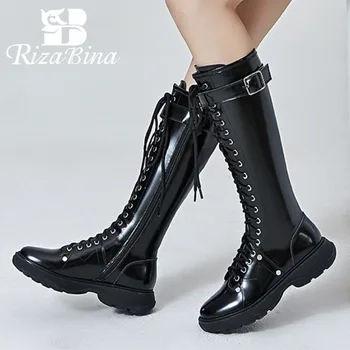 RIZABINA нова мода жените коляното ботуши през цялата чорап цип на кръста колан пънк стил елегантен ток Обувки открит размер обувки 34-39