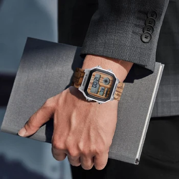 Shifenmei мъжки часовник цифров правоъгълен корпус мода електронни светещи ръчни часовници, класически дървен сплав ръчни часовници за човека