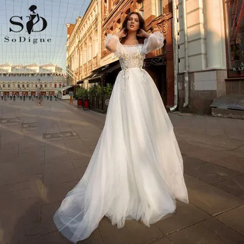 SoDigne Boho сватбена рокля Puff ръкав скъпа дантела 3D цвете плюс размер сватбени рокли сватбена рокля за момичета