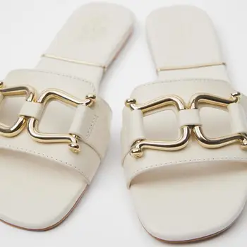 SOUTHLAND 2020 Нов Дамски обувки метални орнаменти дизайн коровья кожа плоски сандали Дамски летни чехли