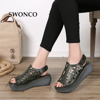 SWONCO Дамски сандали 2018 Лято естествена кожа дебела подметка Дамски обувки гладиаторски сандали дамски плосък нескользящая ретро Дамски обувки