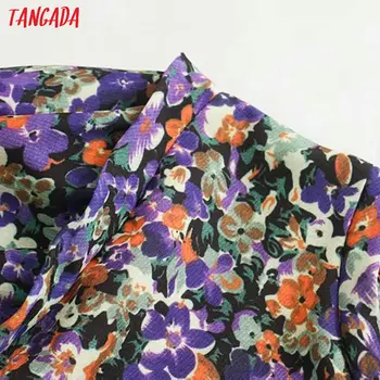Tangada мода жените ретро лилаво цветя печат рокля прилеп с дълъг ръкав дами участък на талията мини рокля Vestidos 5Z112