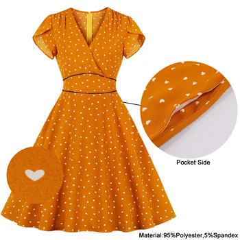 Tonval Orange High Waist Little Сърце Print Summer Dress Дамски Дрехи V Образно Деколте И Джоб Отстрани Офис Дамски Рокли