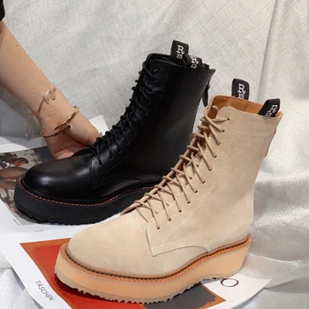 Vallu 2020 нови обувки Martin Европейския и американския стил на военни ботуши от дантела обратно цип кифла гъст дъното кожена женски обувки