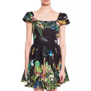 VGH Print Dress For Women квадратен яка Puff с къс ръкав Висока Талия къдри хит Цвят-голям е размерът на мини рокли дамски 2020 нов