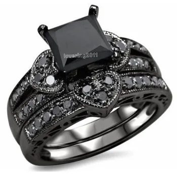Victoria Wieck Принцеса cut black AAA CZ имитация на камъни 10KT черното злато е изпълнен сватбена диамантен годежен пръстен набор от Sz 5-11 подарък