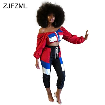 ZJFZML Casual Two Piece Set Women Off The Shoulder Full Sleeve Crop Top And Mid-Claf Pant есенни тоалети градинска облекло 2 отделни комплекта