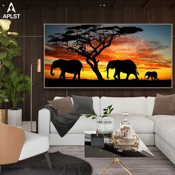 Африкански равнини залез слон щампи, живопис върху платно животни, плакати, стенни художествени картини за хола Дома декоративен подарък
