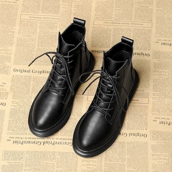 Британски стил дамски ежедневни ботуши крава кожени обувки черна платформа ботильоны есен зима botas de mujer femmes bottes zapatos