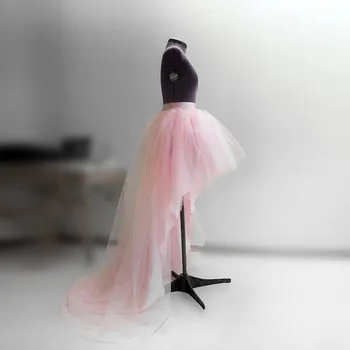 Висока Ниска Руж Pink Сватба Тюл Пола Висока Талия Мода Жените Дълга Пола Персонализирани Асиметричен Бала Рокля С Цип Стил