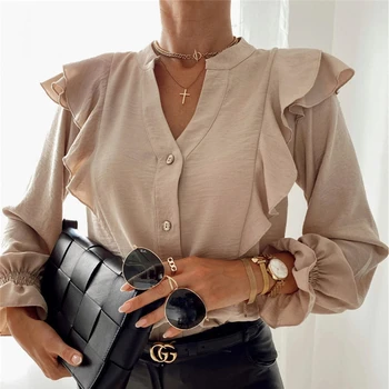 Дамска риза с дълъг ръкав V-образно деколте Lotus ръкави бутон разрез, шифоновая риза, дамски микро прозрачен топ офис Дама носи