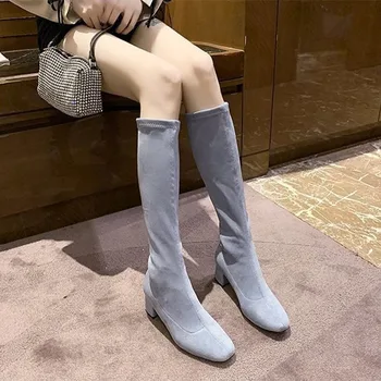 Дамски ботуши коляното ботуши участък стадо квадратни токчета на обувки есен зима Дамски обувки черен квадратен чорап мода нов 2020