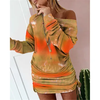 Дамски модни Tie-dye Printed Drawstring Ruched Off Shoulder Long Sleeve Party Club Облечи Секси Sweatshirt Mini Dress Vestidos#g3