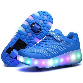 Две колела светещи маратонки в синьо, розово led ролкови кънки обувки за Децата led обувки момчета момичета обувки светлина нагоре 28-43
