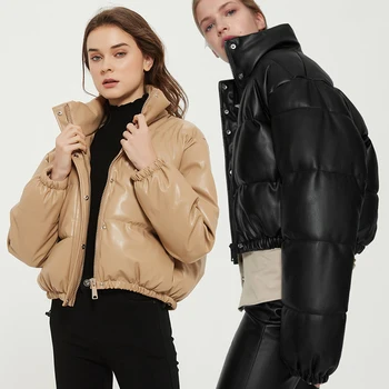 Зима дебели топли къса паркове дамска мода черно ПУ кожени палта дамски елегантен цип памук Дамски якета дамски блузи 2021
