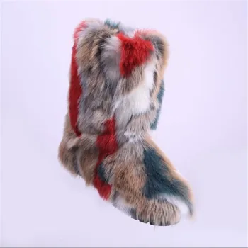 Зимни женски пухкави снежни ботуши от изкуствена лисьего кожа за дамски плюшени ботуши дамски топла луксозна обувки Дамски кожен памучен обувки 2020
