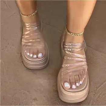 Клинове, сандали Дамски летни секси прозрачни обувки на платформа с отворени пръсти дами кръст вързани стриптизьорка на висок ток 2020 сандали Дамски пързалки