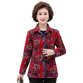 Лесно женски памучни палто на средна и в напреднала възраст на жените стеганая яке есен-зима плюс размера на печатни тънки палта блузи